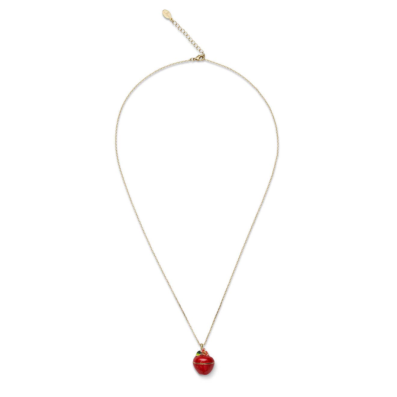 Full gold chain necklace with closed red enamel apple blossom locket pendant on white background