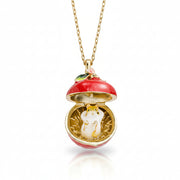 Open apple blossom and mouse locket pendant showing mouse detail on white background
