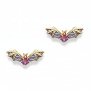 Purple and gold enamel bat stud earrings on white background