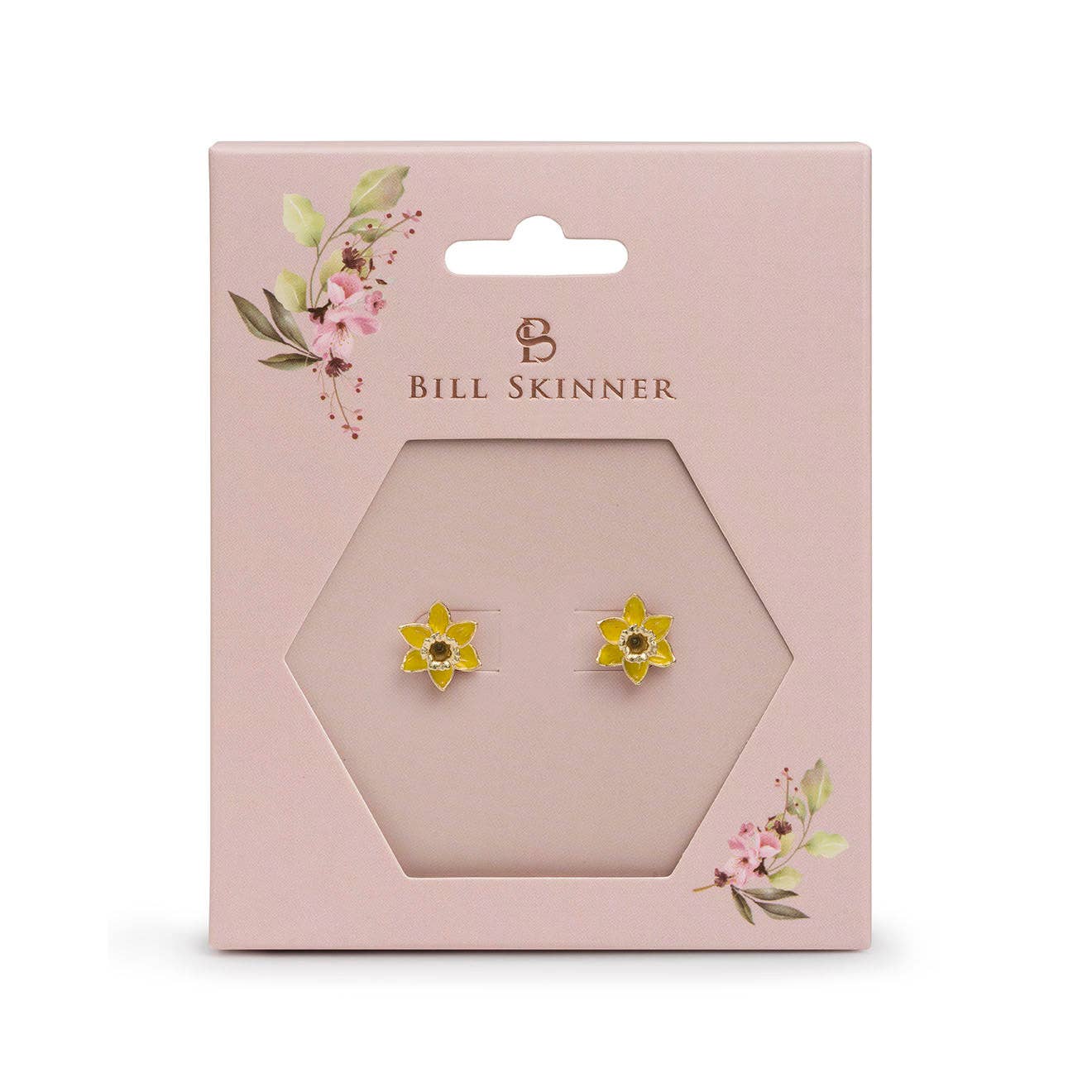 Daffodil stud earrings displayed in Bill Skinner branded pink gift box with floral design