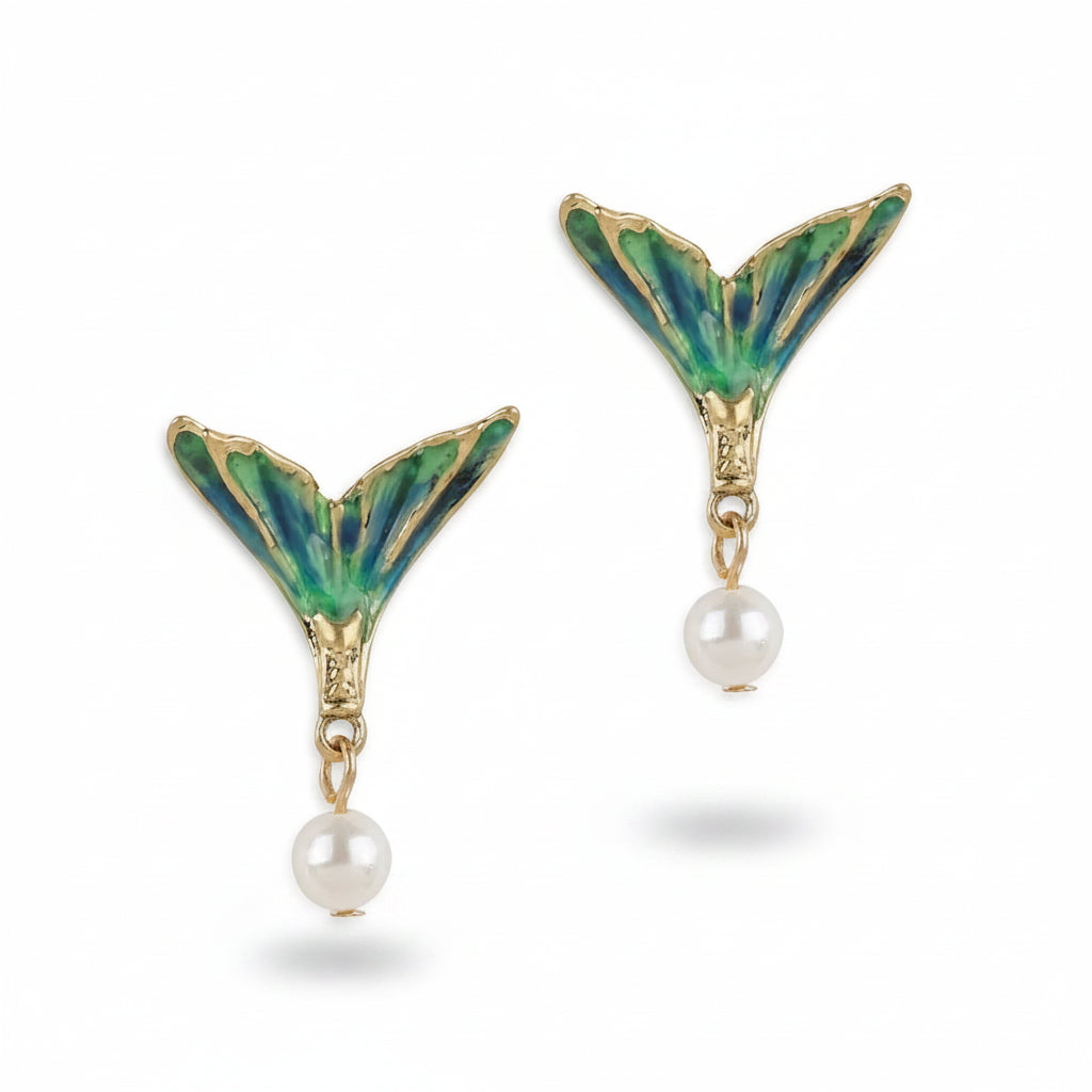 Bill Skinner Mermaid Tail Stud Earrings with green-blue enamel fins and pearl drops on gold-plated brass.