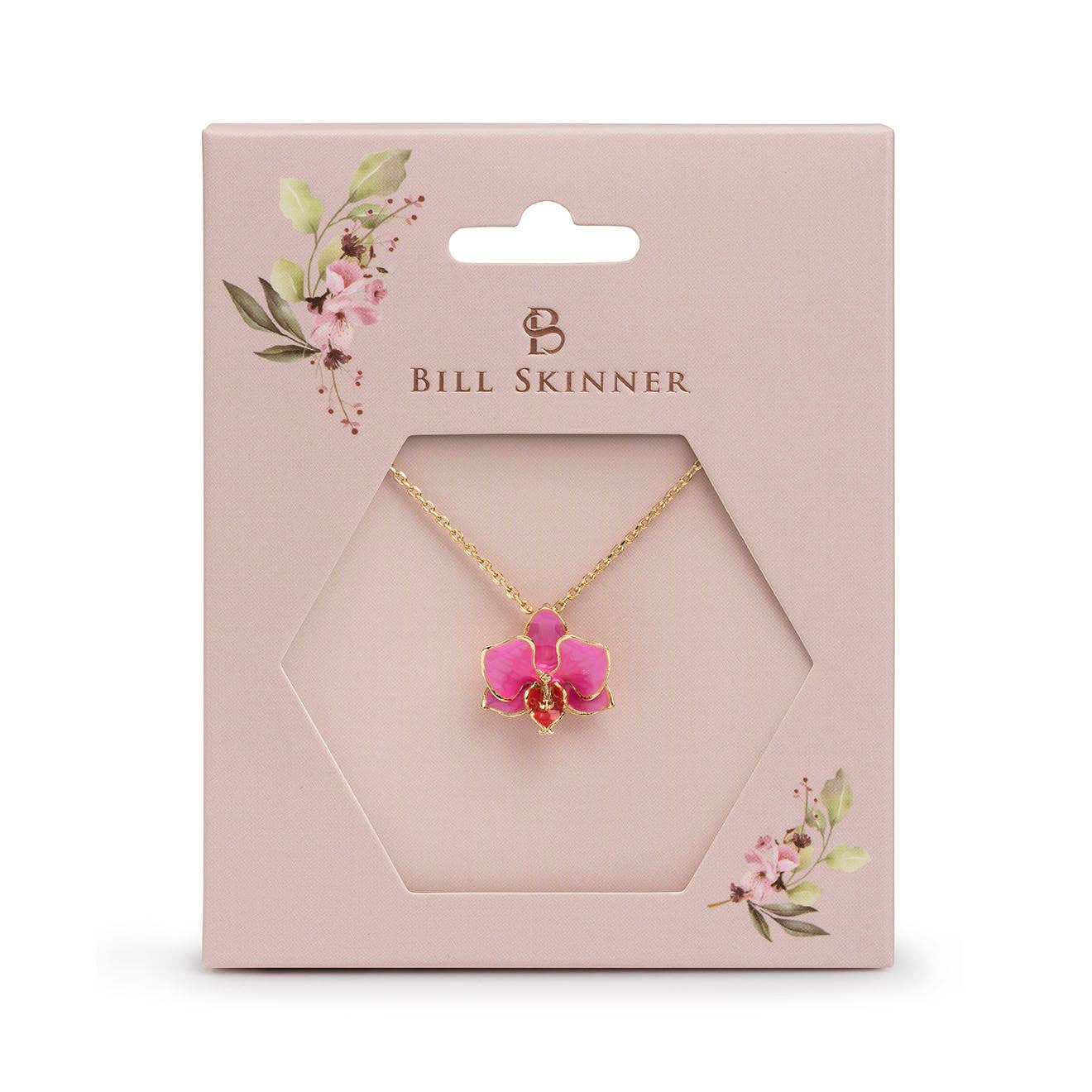 Necklace with pink flower pendant in Bill Skinner packaging