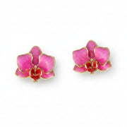 Pink orchid stud earrings with gold detailing on white background