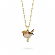 Hand-painted enamel robin pendant on gold chain against white background