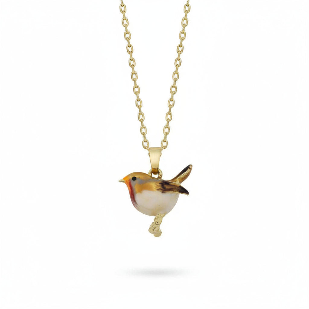 Hand-painted enamel robin pendant on gold chain against white background