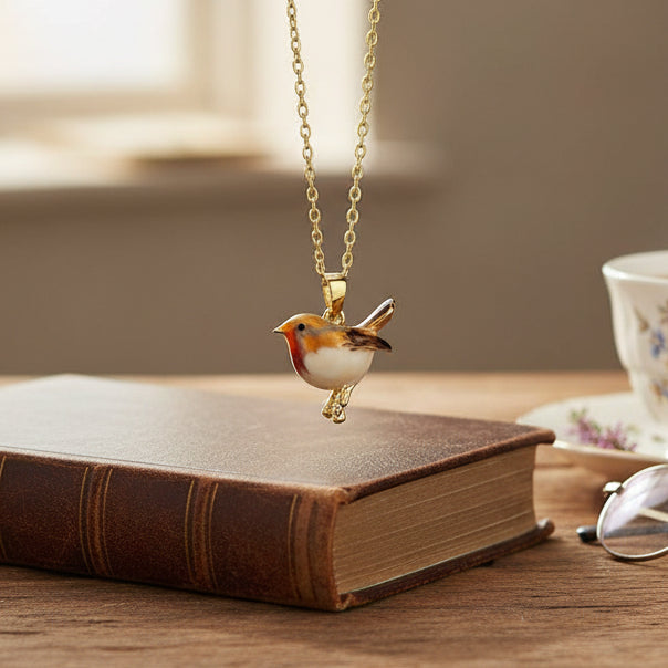 Robin pendant on gold chain styled over vintage book with teacup and glasses