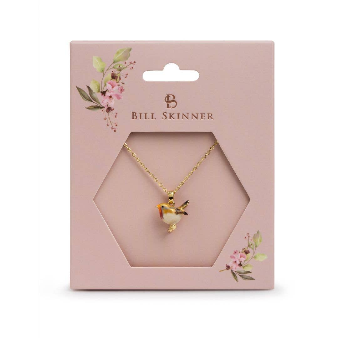 Robin pendant on Bill Skinner branded packaging card with hexagonal cutout