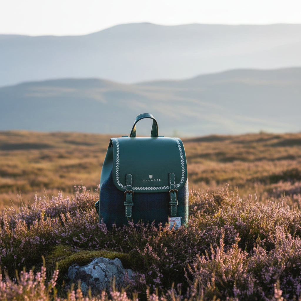 Side view of Black Watch Harris Tweed Mini Jura backpack with adjustable straps.