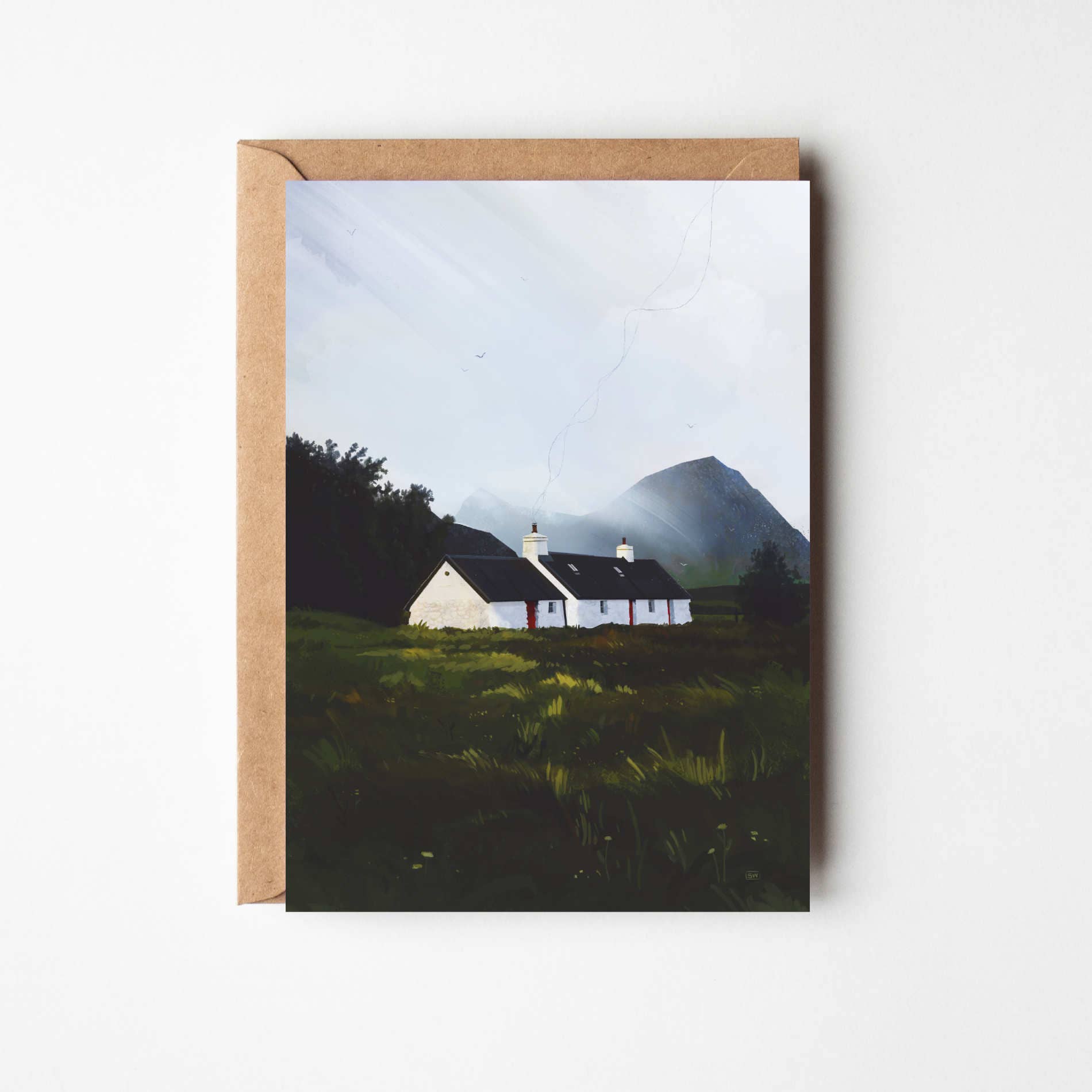 Blackrock Cottage greeting card featuring Sara Willia's Glencoe landscape artwork with kraft envelope