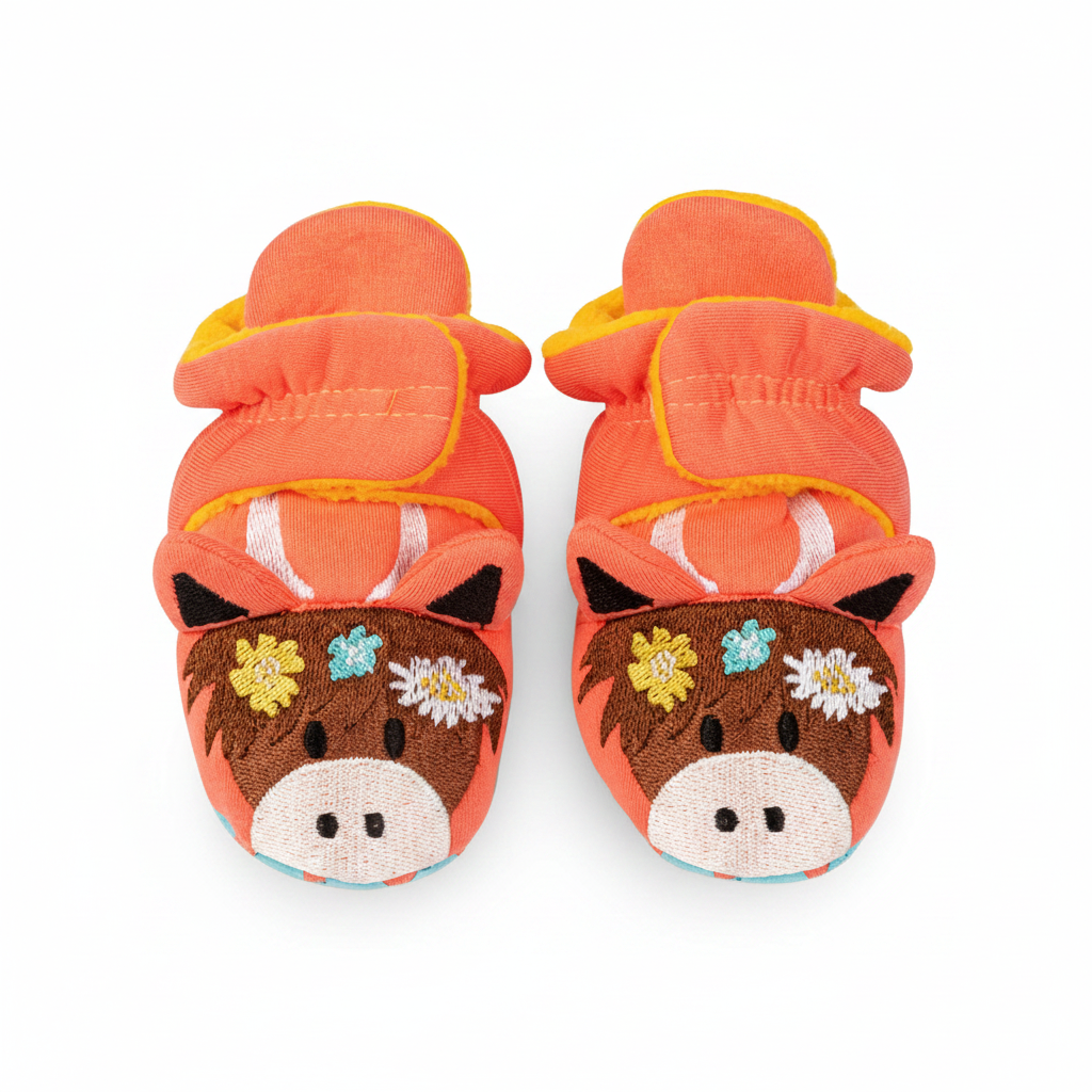 Pair of Bonnie highland cow booties front view on pastel background