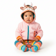 Baby wearing pink highland cow hoodie with hood up, side view