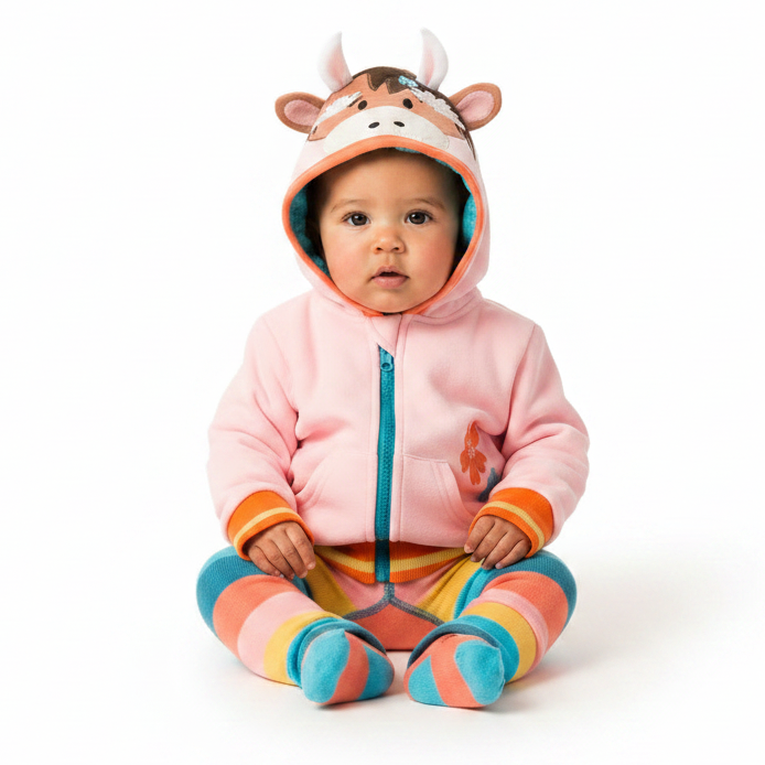 Baby wearing pink highland cow hoodie with hood up, side view