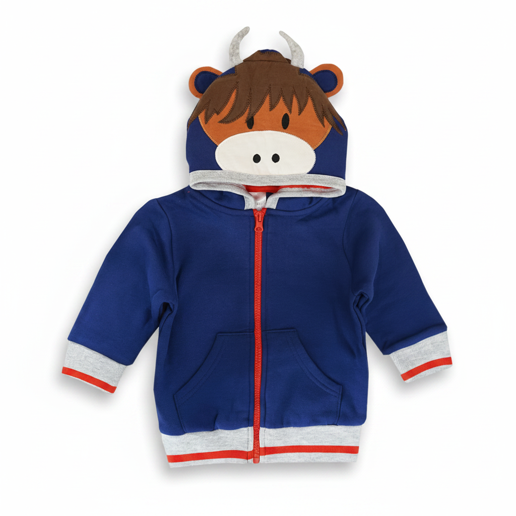 Navy highland cow hoodie flat lay on split background