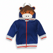Navy highland cow hoodie flat lay on split background