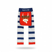 Hamish Highland Cow leggings back view on blue and beige background