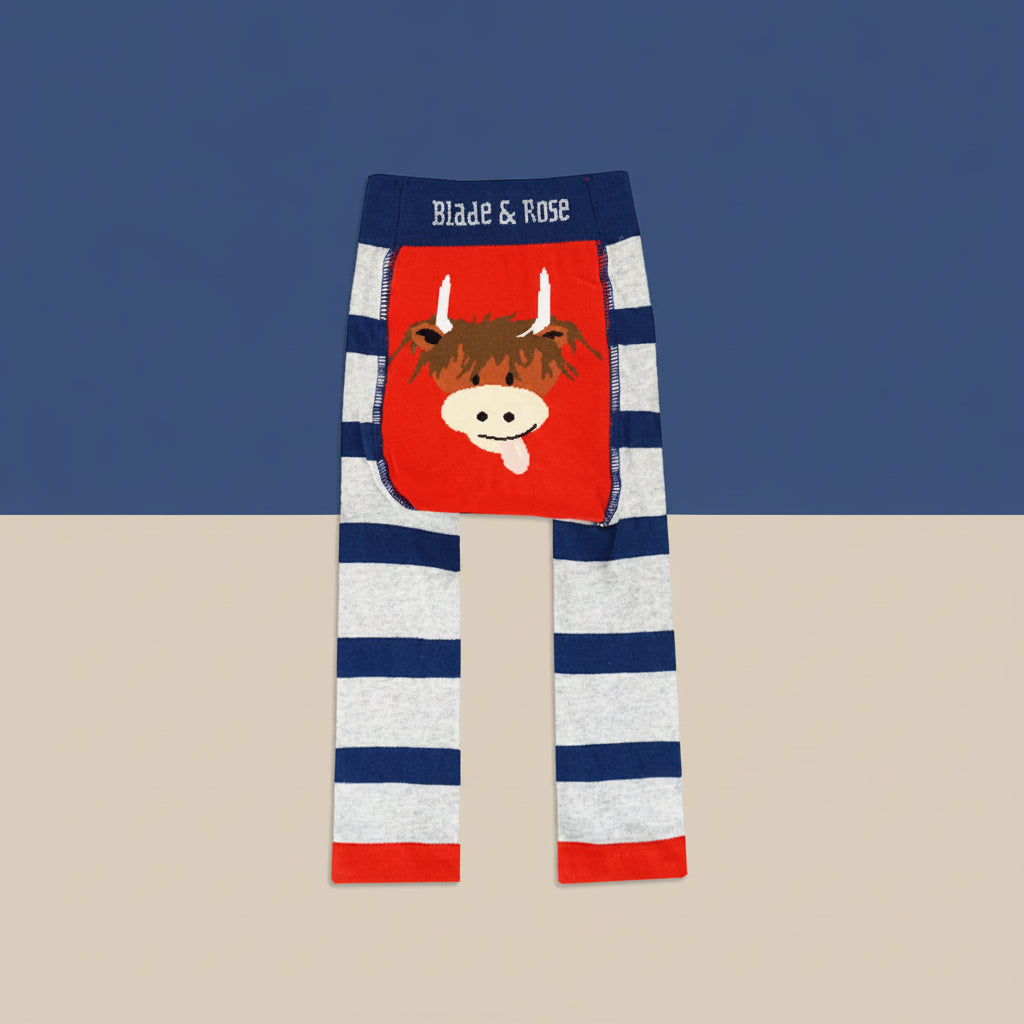 Children's leggings with navy and white horizontal stripes, featuring a large red front patch with a cartoon cow face and the brand name 'Blade & Rose' on the waistband.