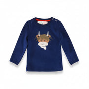Hamish Highland Cow top in navy with appliqué face on two-tone background
