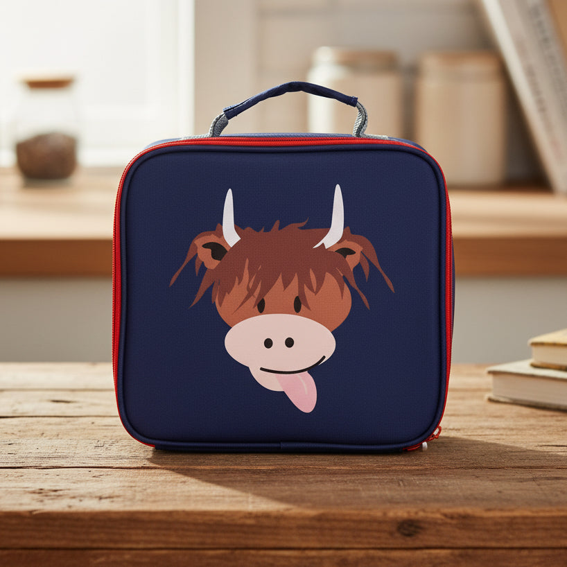 Navy highland cow lunchbox on wooden kitchen table