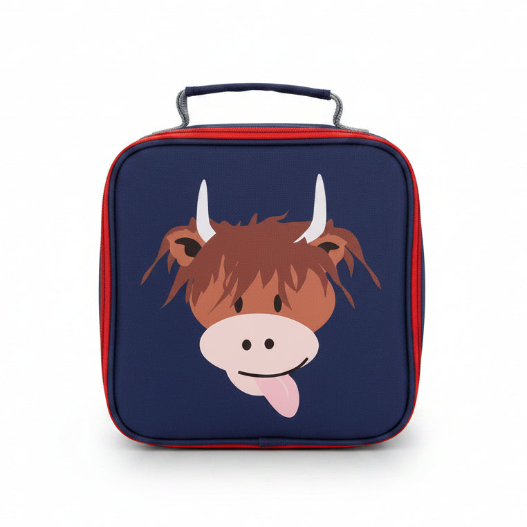 Blade and Rose navy Highland cow insulated lunchbox, front view