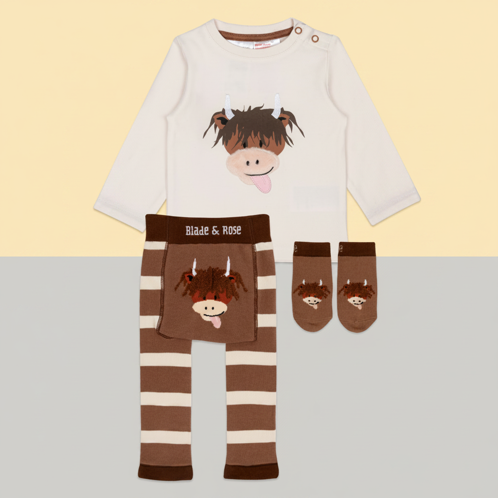 Highland Cow outfit set flat shot with cream top, brown striped leggings and socks