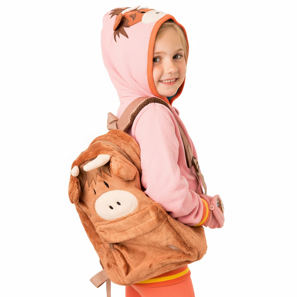 Child wearing brown highland cow rucksack, side view