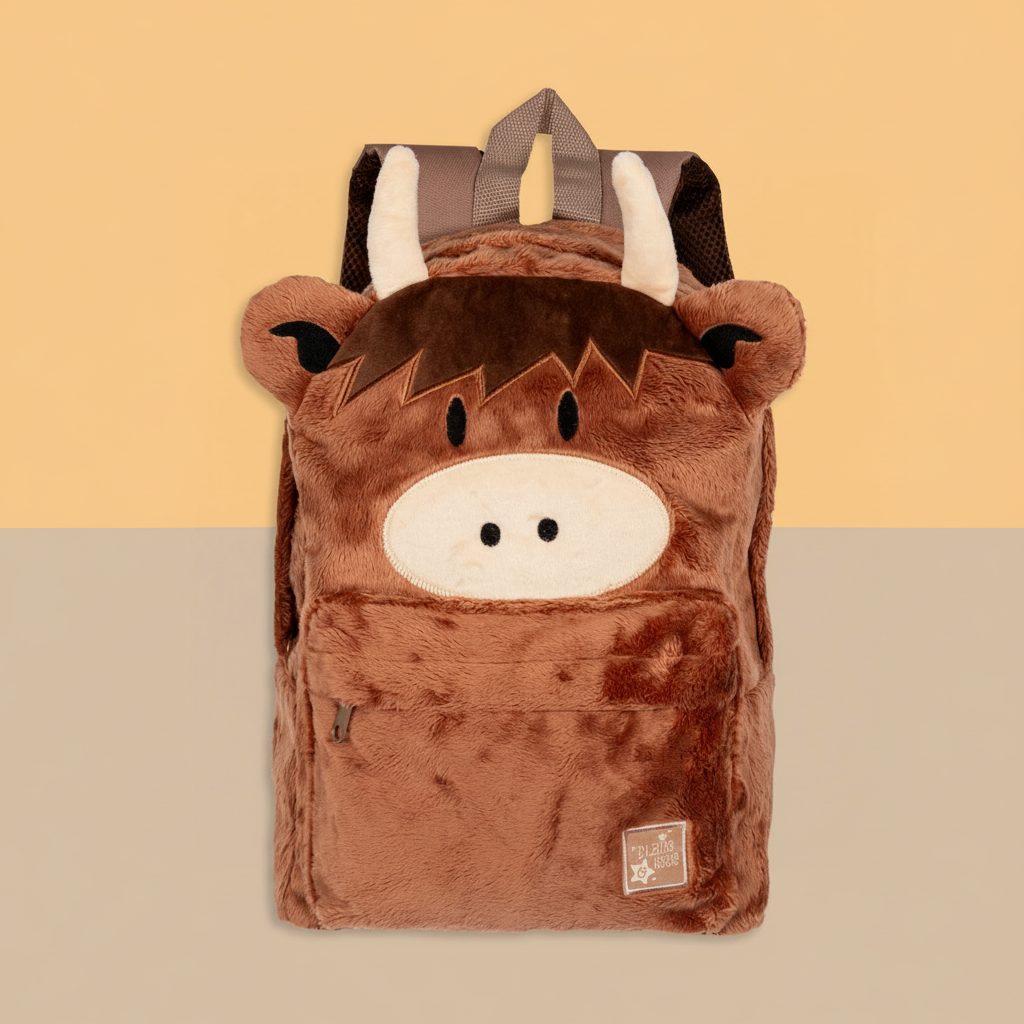 Brown fleece highland cow rucksack flat lay on split background