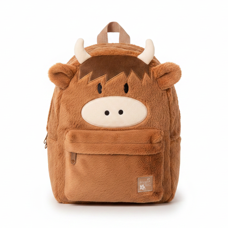 Child wearing brown fleece highland cow rucksack, rear view