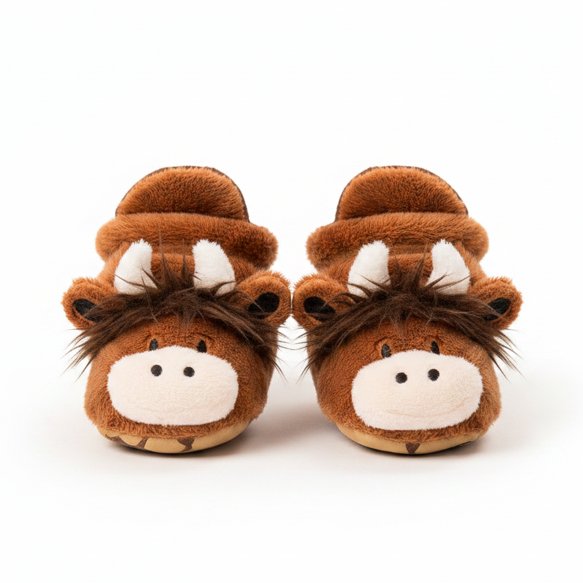 Plush highland cow slippers on a white background