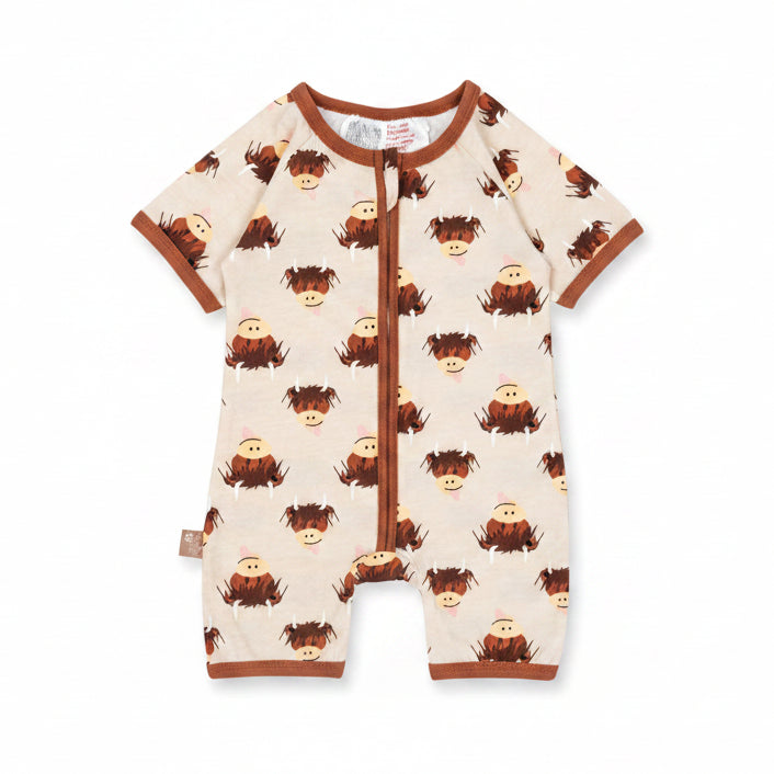 Cream highland cow romper lifestyle or flat lay view