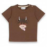 Brown highland cow t-shirt flat lay showing applique detail