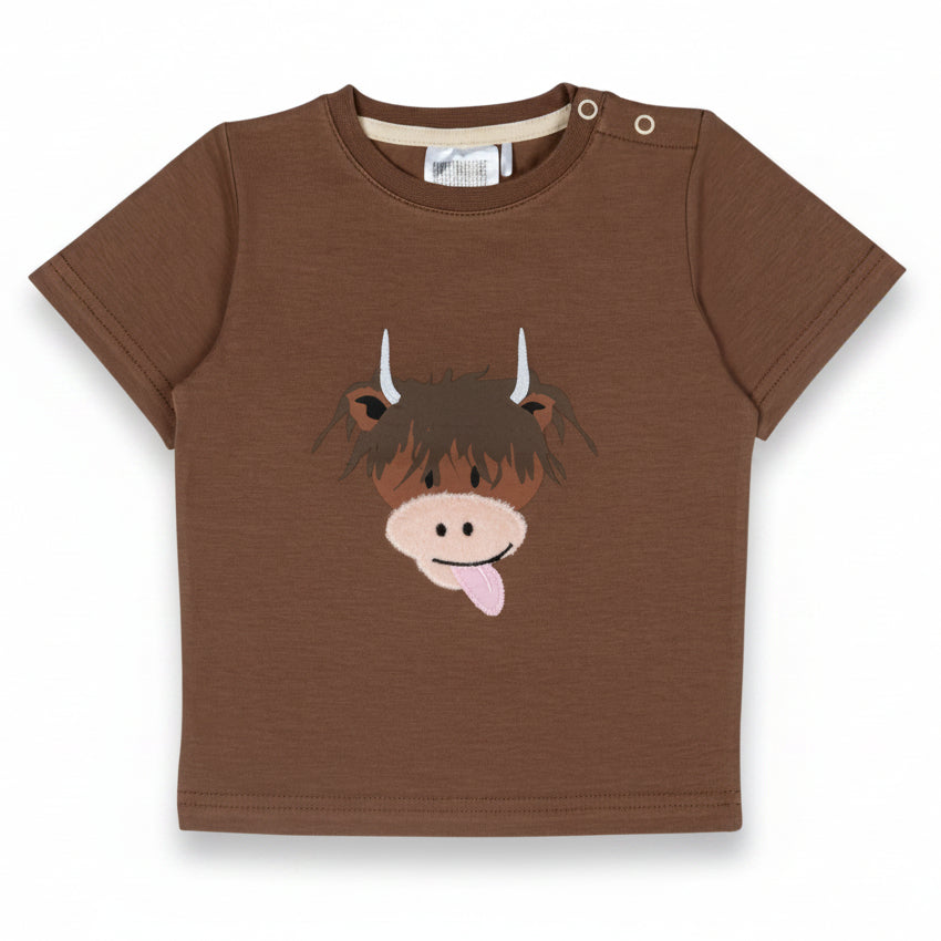 Brown highland cow t-shirt flat lay showing applique detail