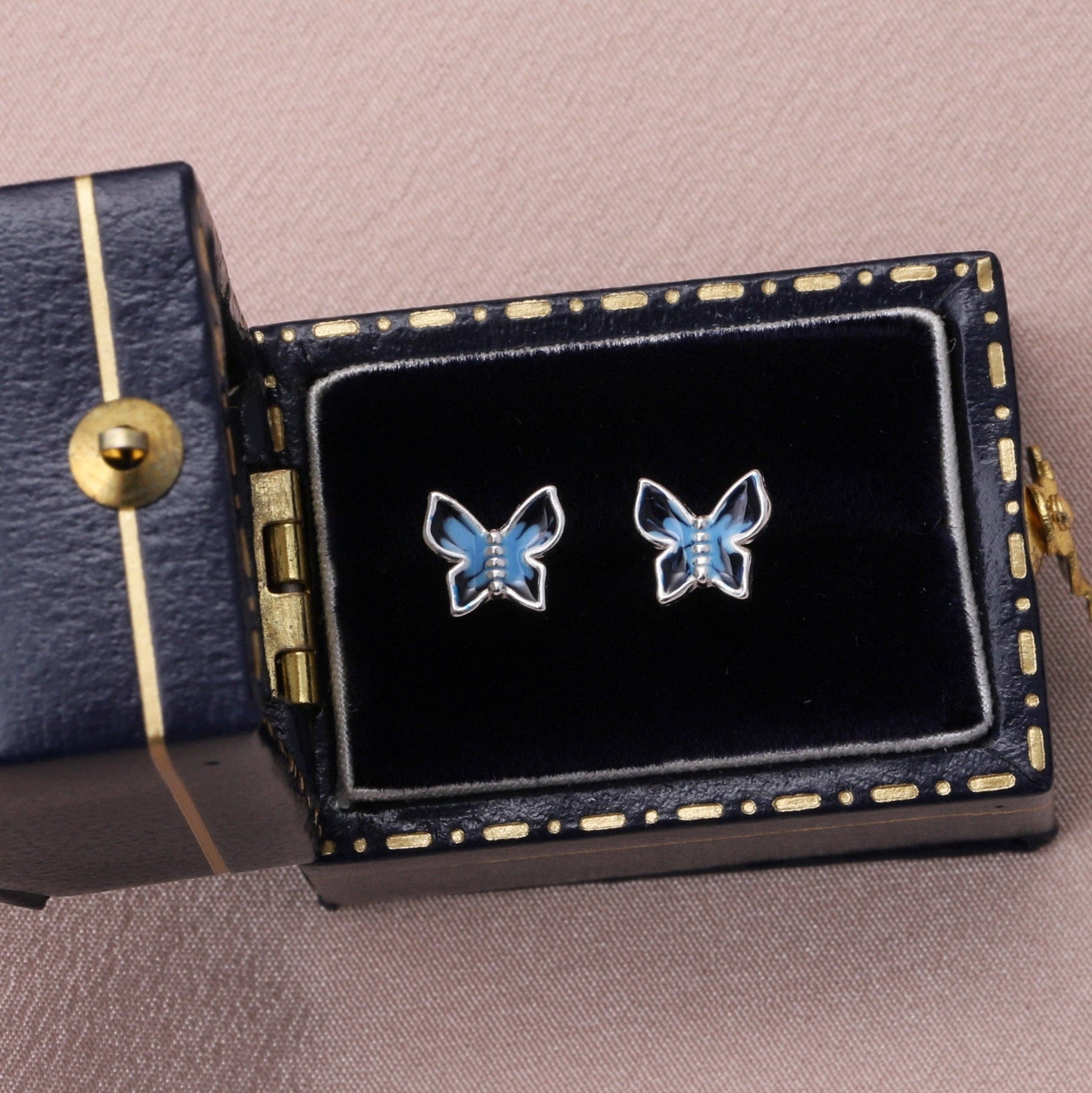 Blue enamel butterfly earrings with sentiment card