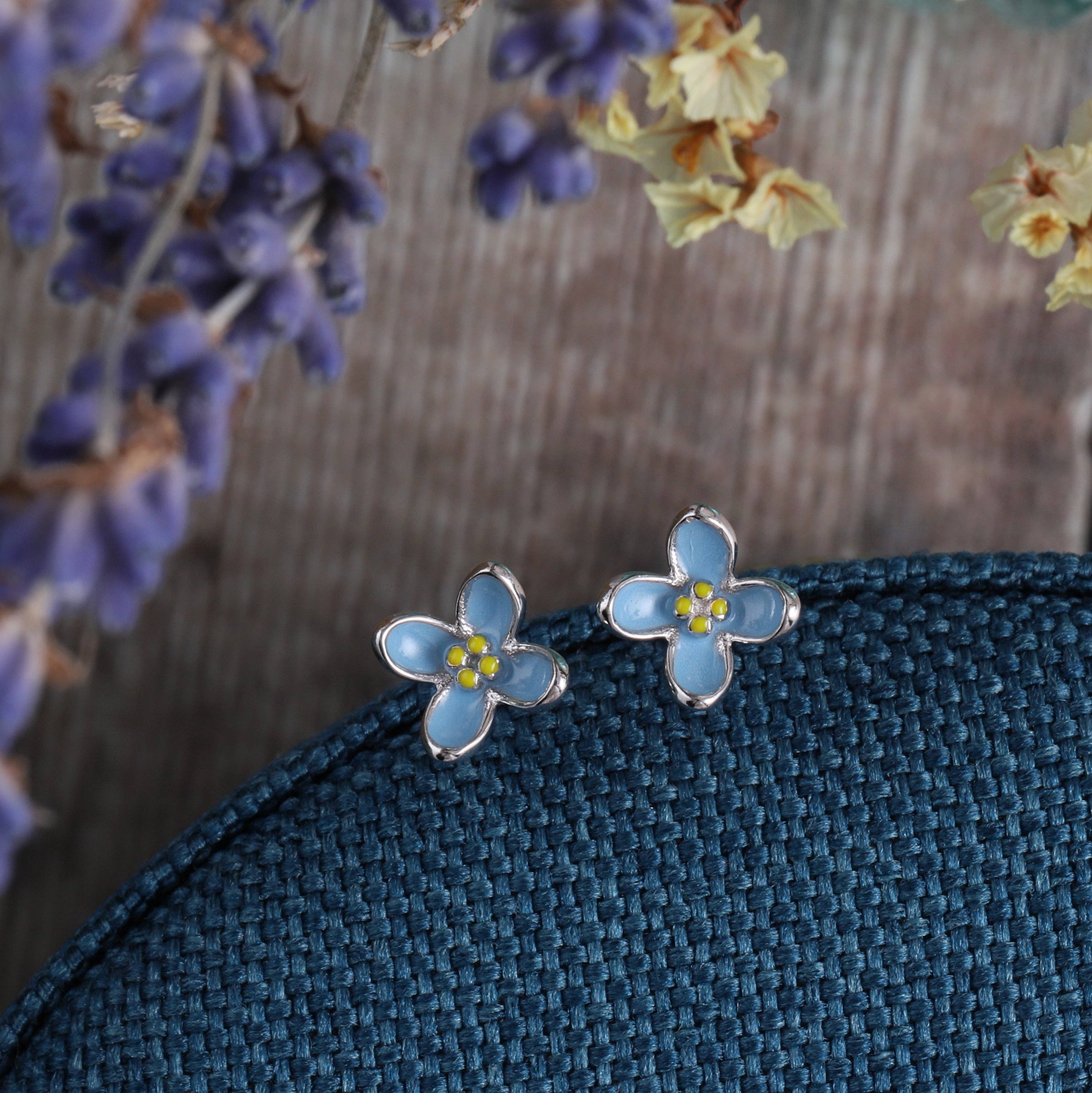 Blue enamel flower earrings with sentiment card