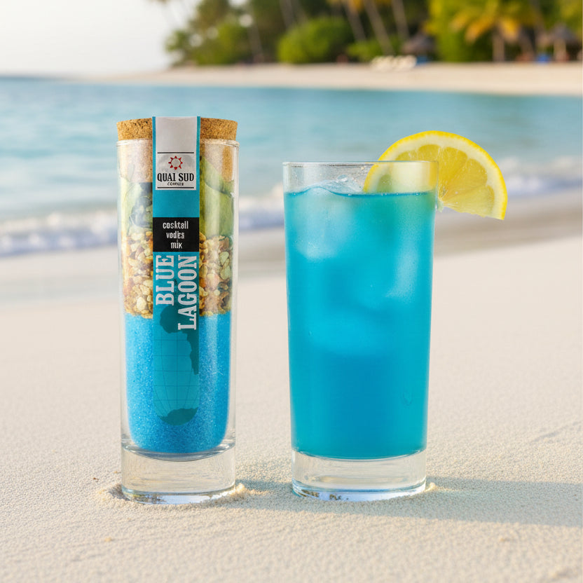 Blue Lagoon cocktail mix in glass bottle with cork stopper