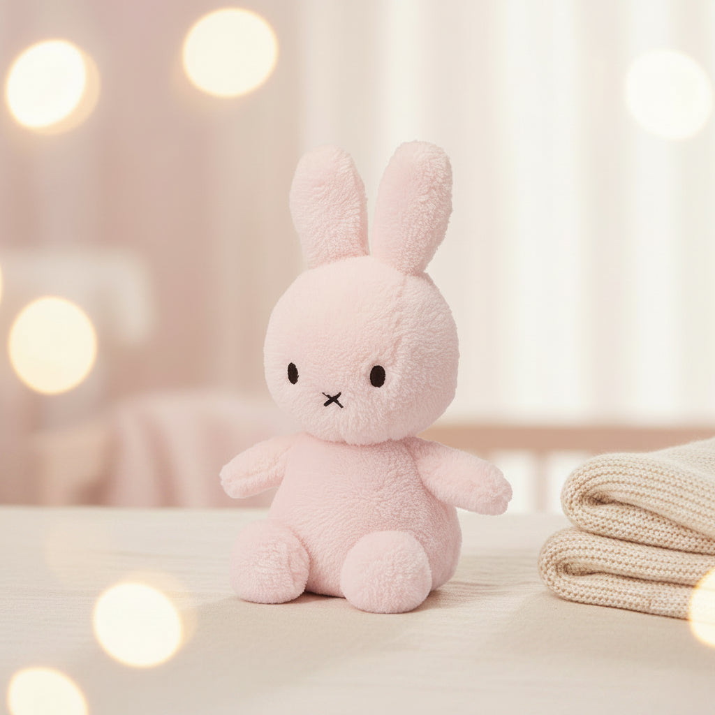 Side view of the 23cm light pink Miffy Terry soft toy