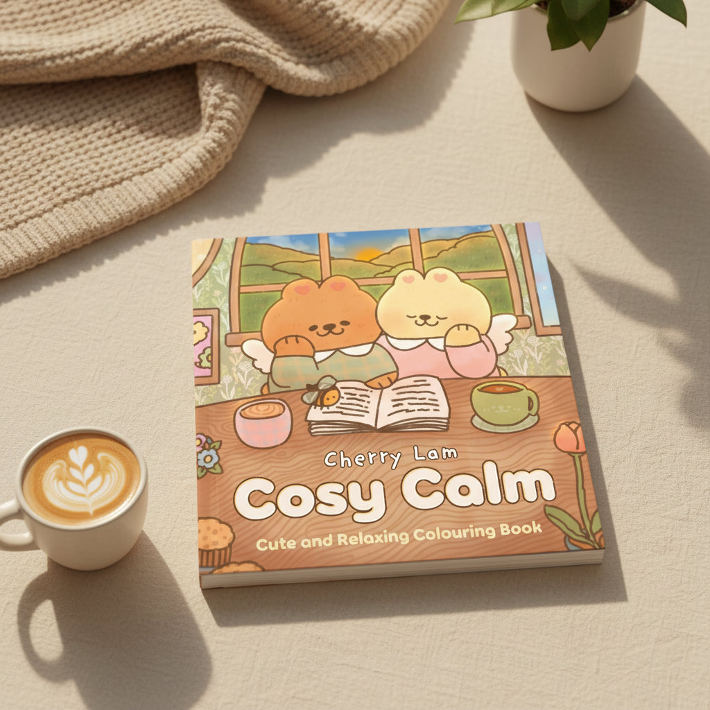 Cosy Calm cover with two cute animals reading at a sunlit window