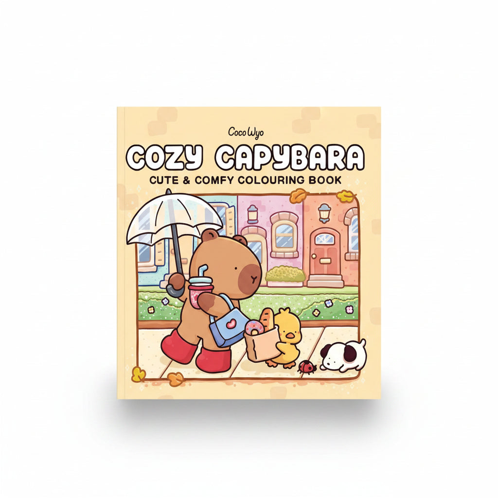 Cozy Capybara cover showing a capybara with an umbrella on a street