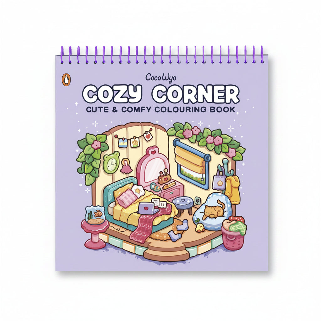 Cozy Corner spiral-bound colouring book cover with a cosy bedroom scene