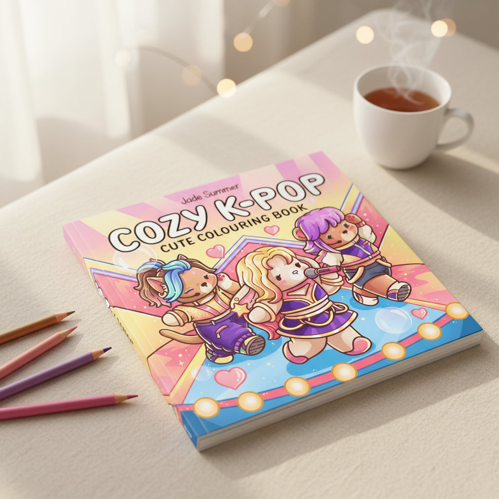 Cozy K-Pop cover showing three idols performing on a bright stage