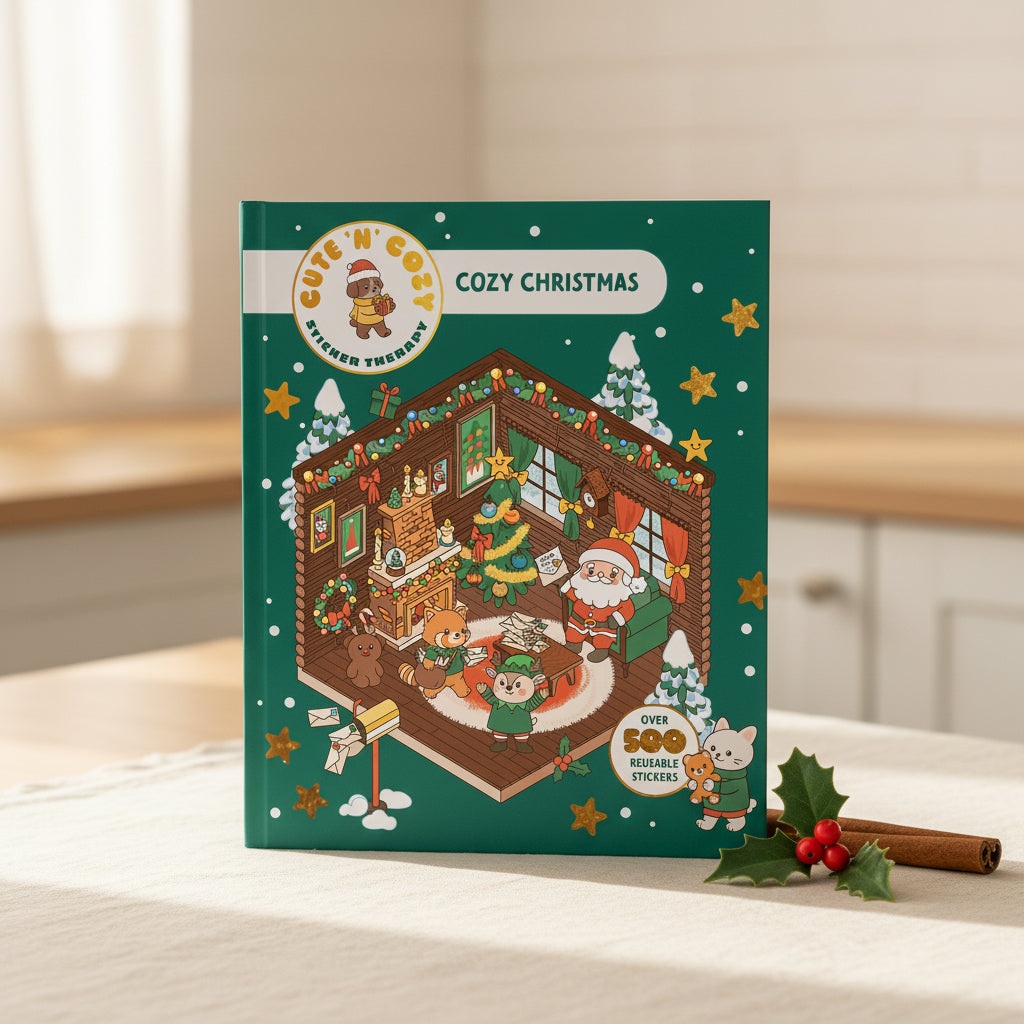 Sticker Therapy Christmas cover with a festive cutaway room scene