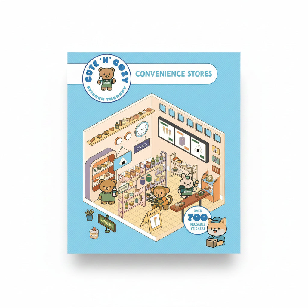 Sticker Therapy Convenience Stores cover with a cutaway shop on blue