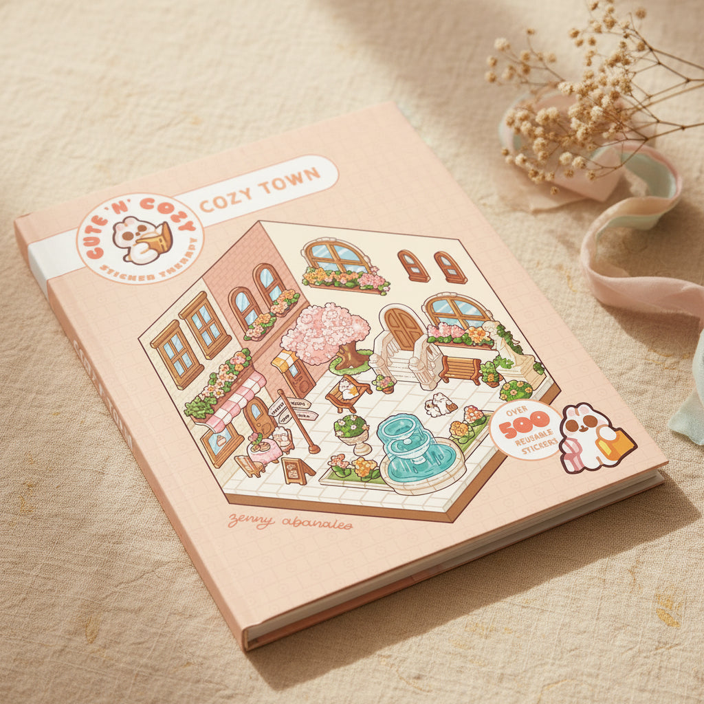 Sticker Therapy Cozy Town cover showing a cutaway town scene on pink
