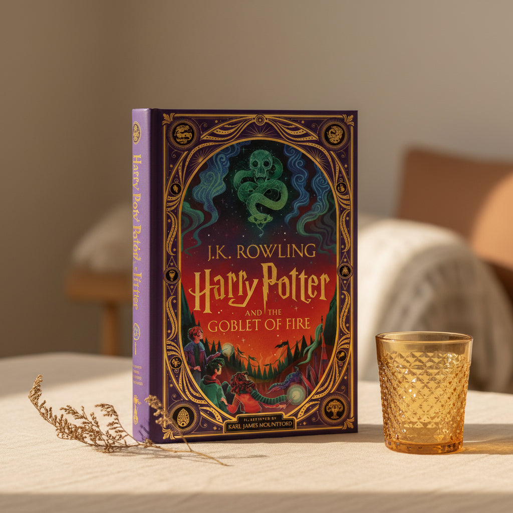 Book cover of 'Harry Potter and the Goblet of Fire' by J.K. Rowling with colorful design elements.