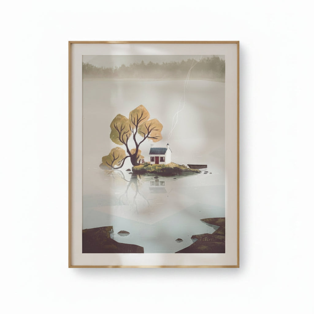 A framed art print depicting a serene lakeside scene with a small white house, a tree with yellow autumn leaves, and misty water reflections, shown in a light wood frame against a white background.