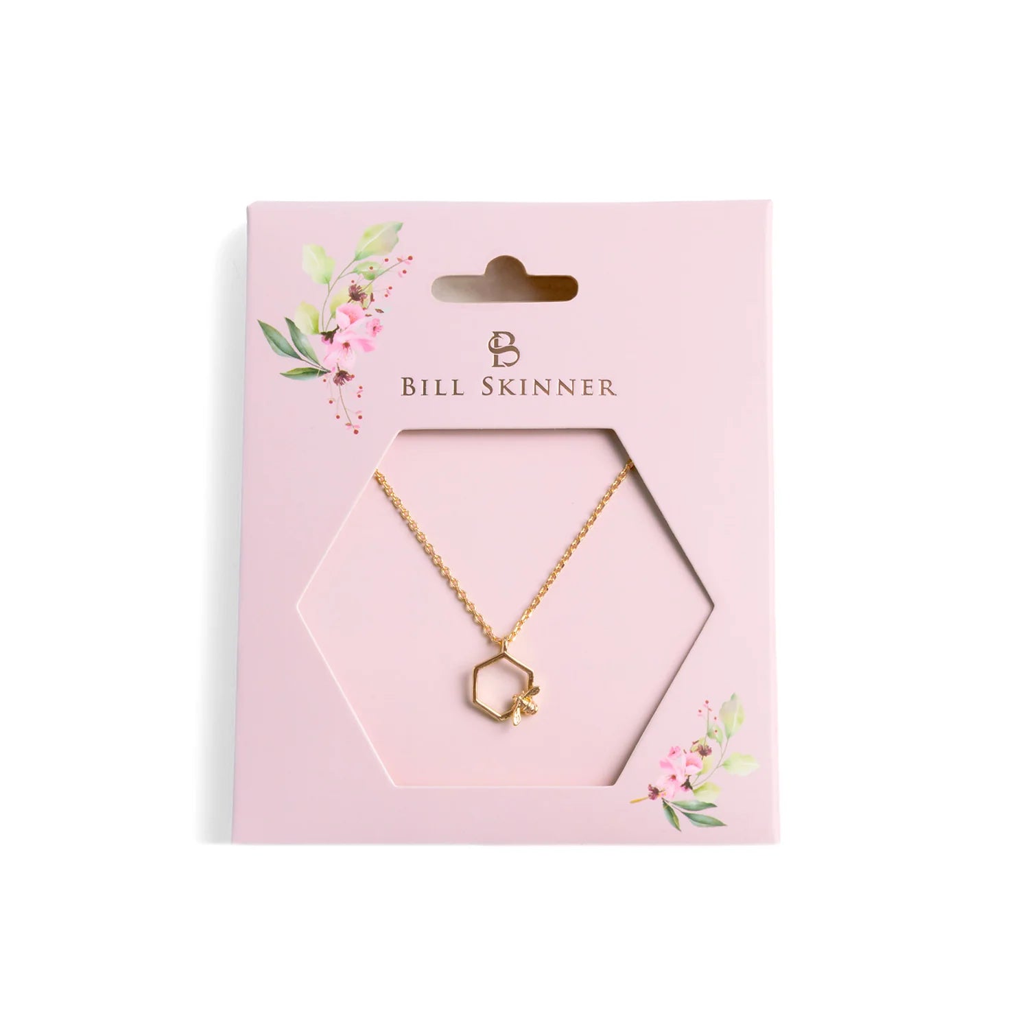Bumble Bee Hex Pendant by Bill Skinner displayed in signature pink floral packaging, perfect gift idea.