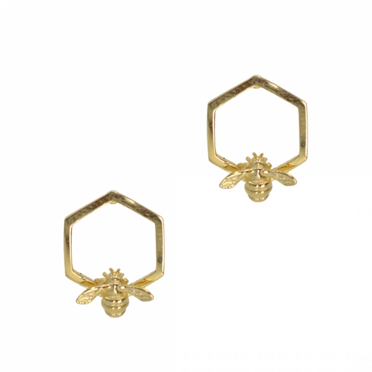 Bumble Bee Hex Stud Earrings by Bill Skinner featuring 18ct gold-plated sterling silver honeycomb hex design on white background.