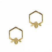 Bumble Bee Hex Stud Earrings by Bill Skinner featuring 18ct gold-plated sterling silver honeycomb hex design on white background.