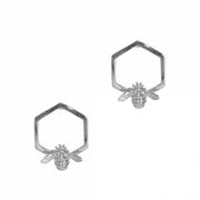 Bill Skinner Bumble Bee Hex Stud Earrings in rhodium-plated sterling silver featuring signature bee on polished hexagon design.