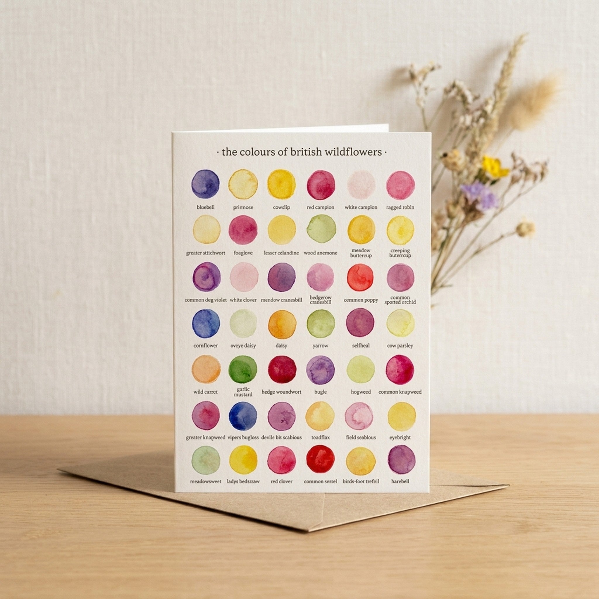 British wildflowers greetings card standing on wood with dried flowers behind