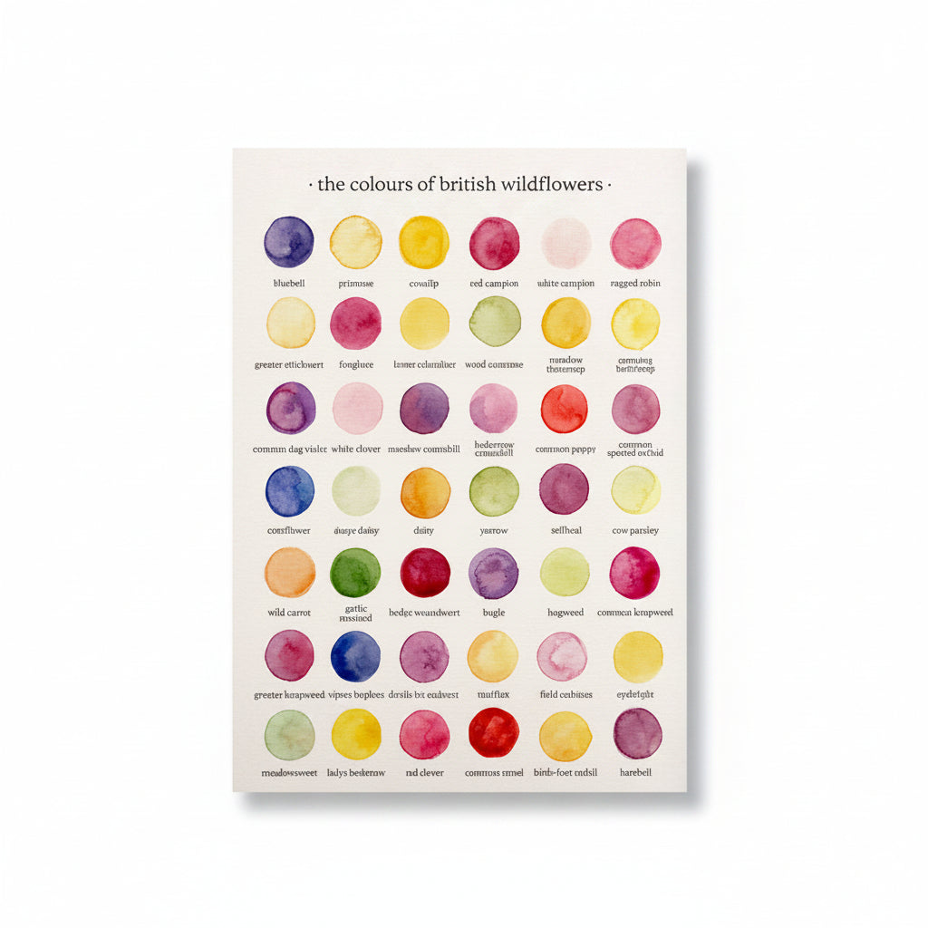 British wildflowers watercolour greetings card with 42 named colour swatches on kraft envelope